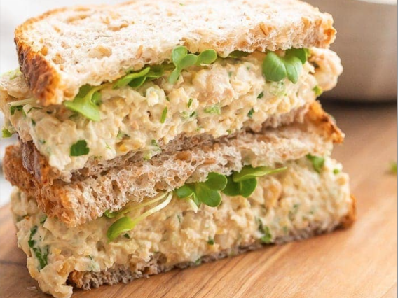 Mashed Chickpea Salad and Sprouts on Whole Grain Toast 