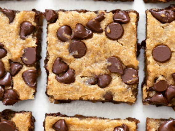 Chickpea Blondie cut into squares with chocolate chips