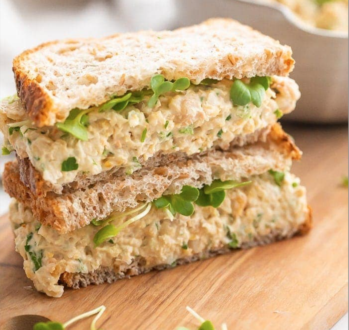 Mashed Chickpea Salad and Sprouts on Whole Grain Toast 