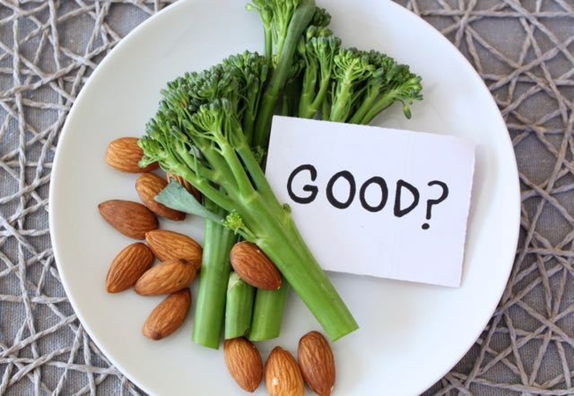 Broccoli and almonds on a plate with word Good?